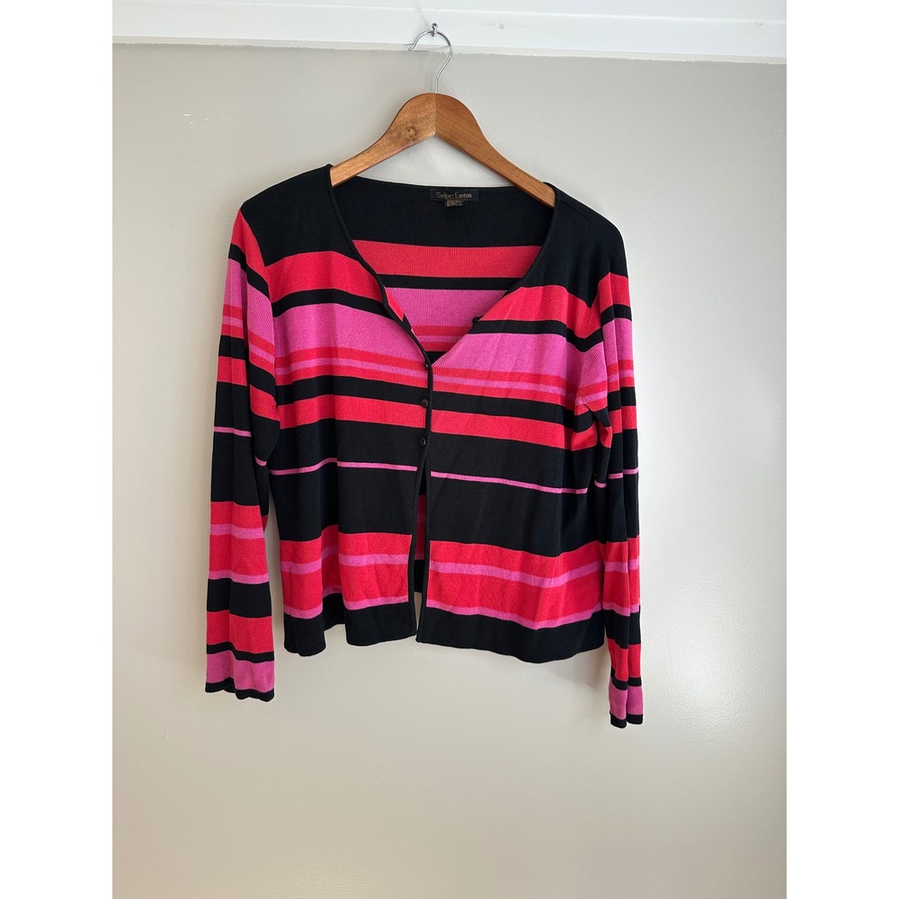 Sydney Easton Cardigan Women‎ XL Pink Black EUC Silk Cotton Striped Button Up